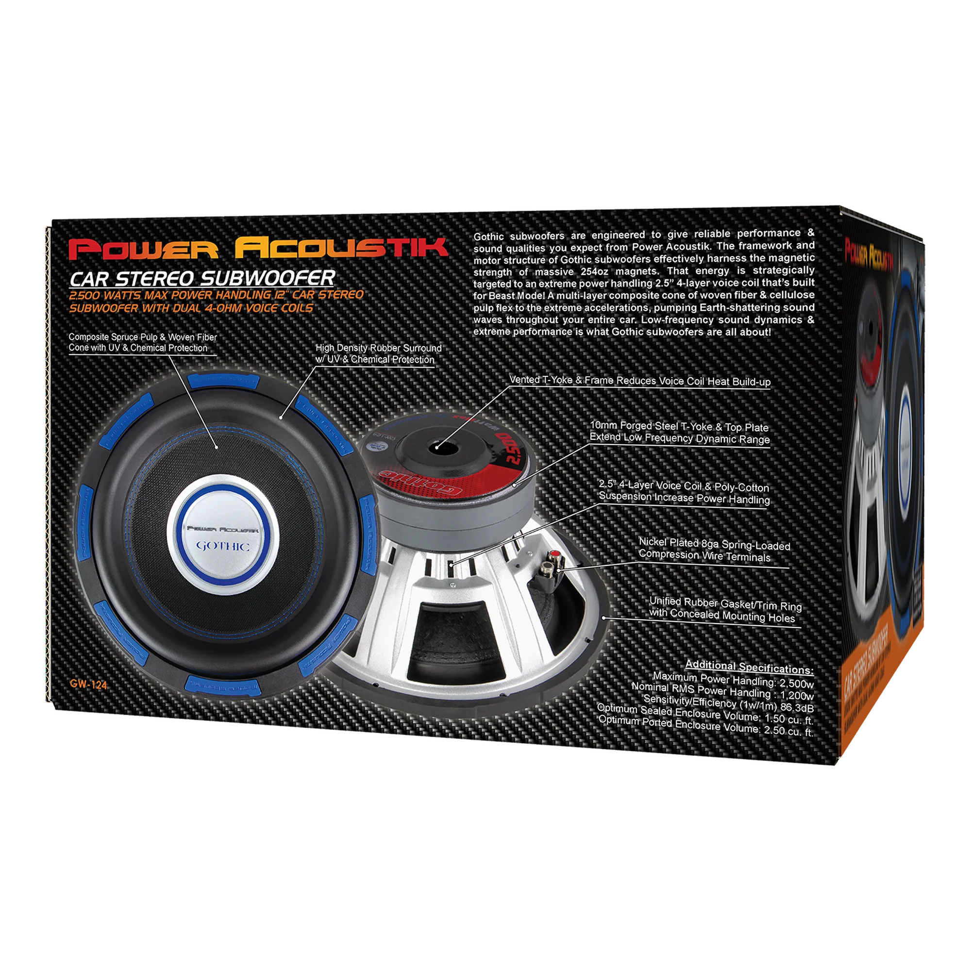 Power Acoustik Gothic GW-124 12" 2500W Max Dual 4-Ohm Subwoofer with Flax Fiber Cone