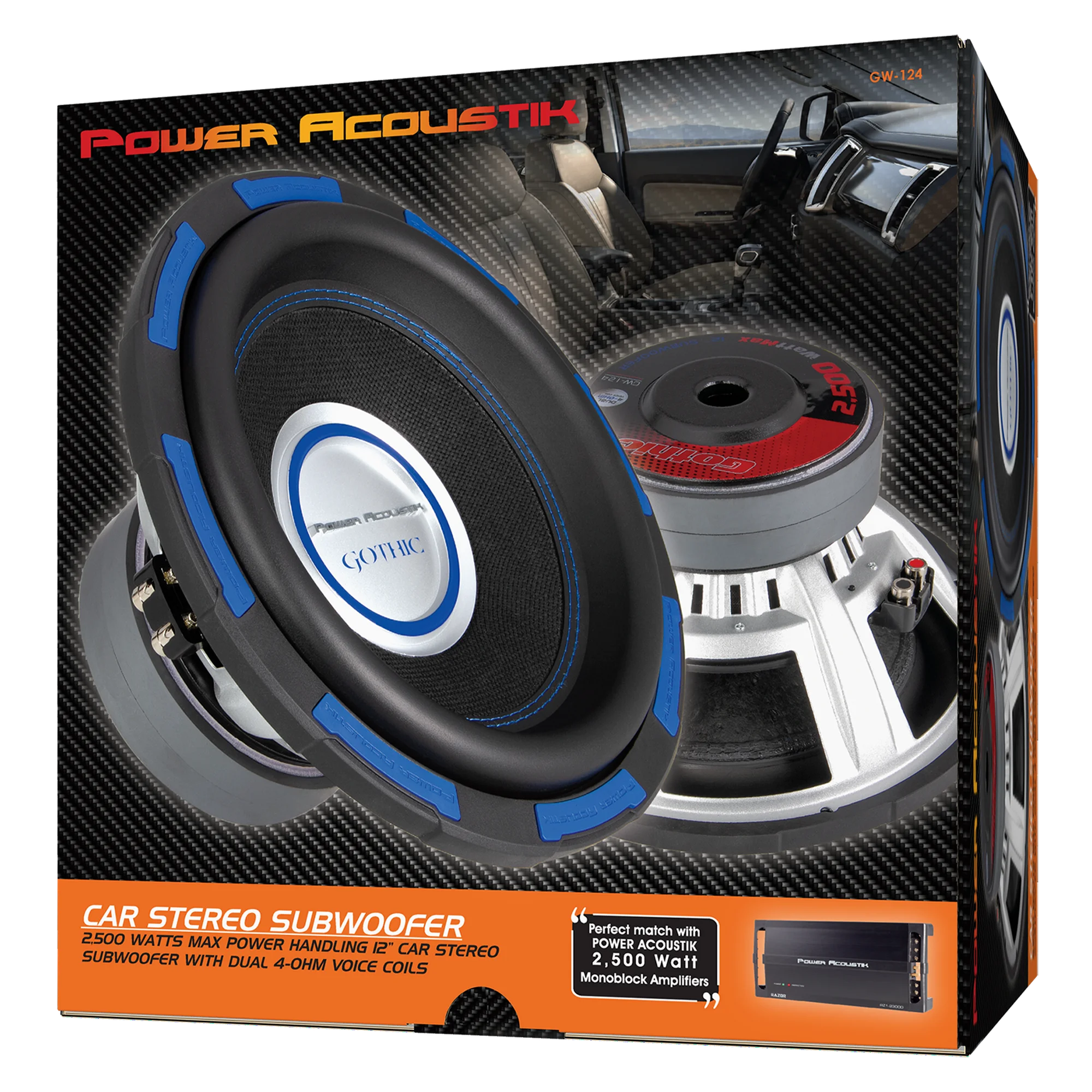 Power Acoustik Gothic GW-124 12" 2500W Max Dual 4-Ohm Subwoofer with Flax Fiber Cone
