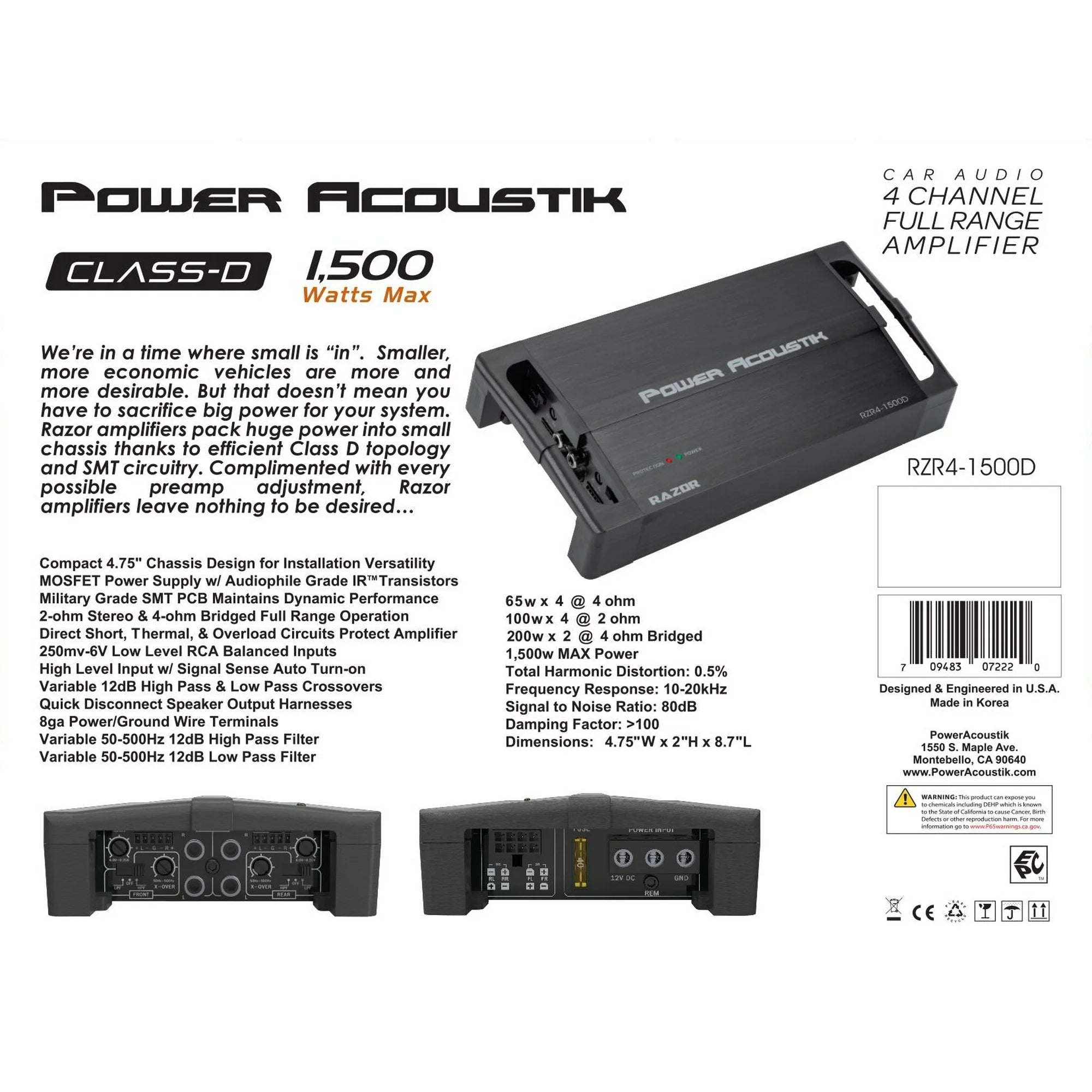 RZR4-1500D | 4-Channel Amplifier, Class D Full Range Amp, 1500W Max with SMT Circuitry