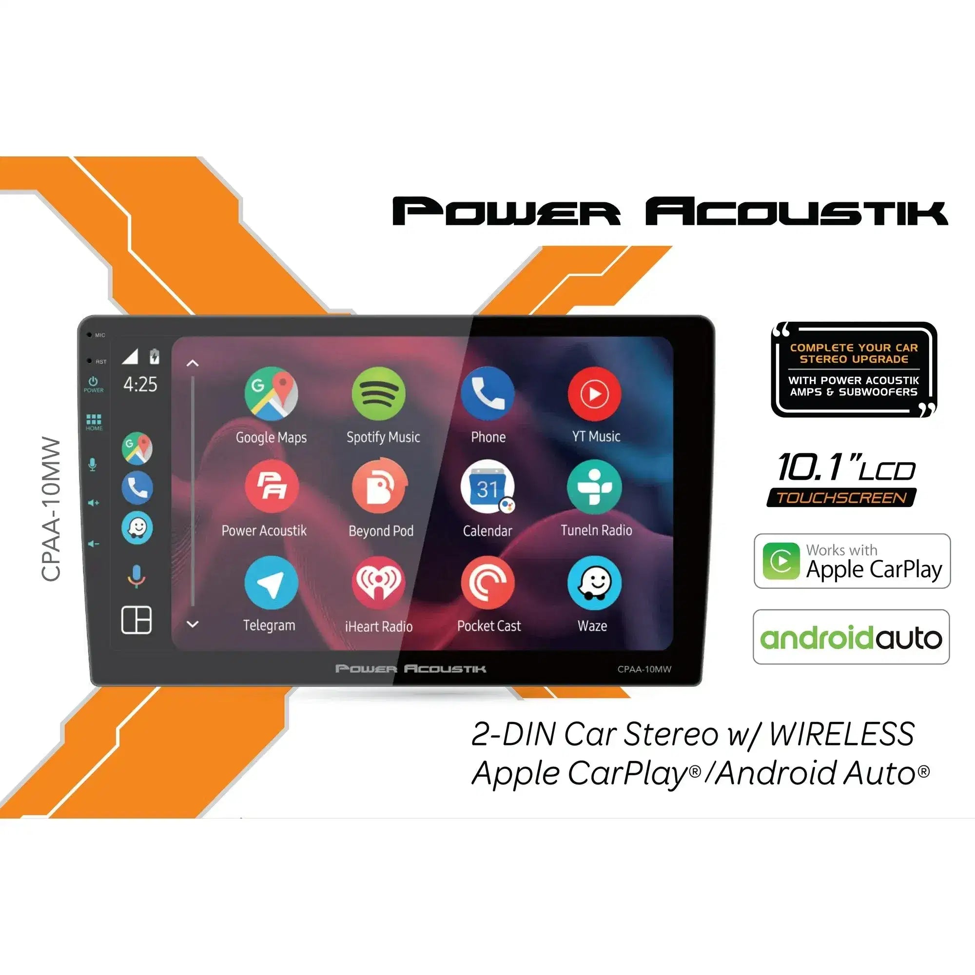 Power Acoustik CPAA‑10MW 10.6″ Floating Touchscreen Head Unit | Wireless CarPlay® & Android Auto™ | Mechless 2-DIN Stereo