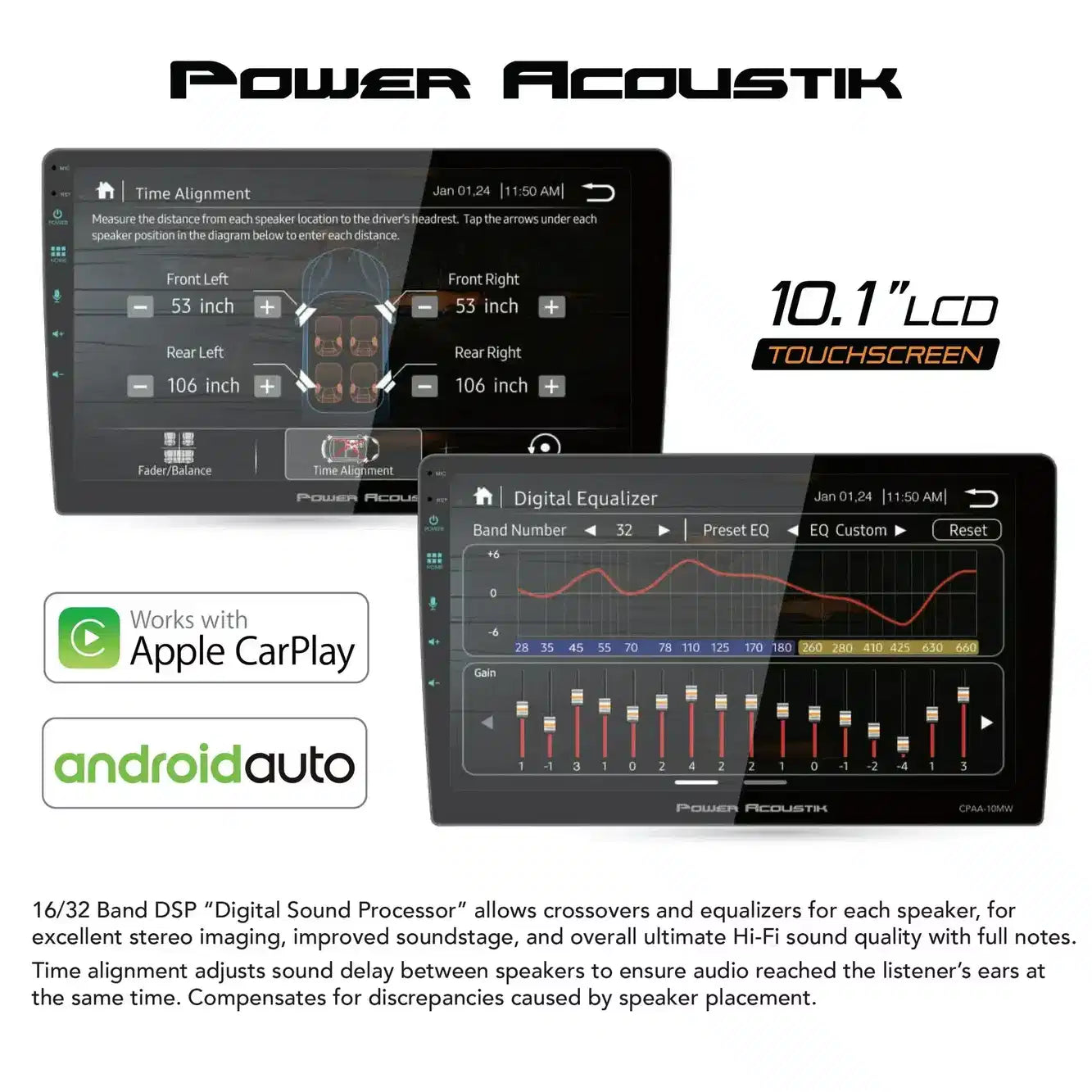 Power Acoustik CPAA‑10MW 10.6″ Floating Touchscreen Head Unit | Wireless CarPlay® & Android Auto™ | Mechless 2-DIN Stereo