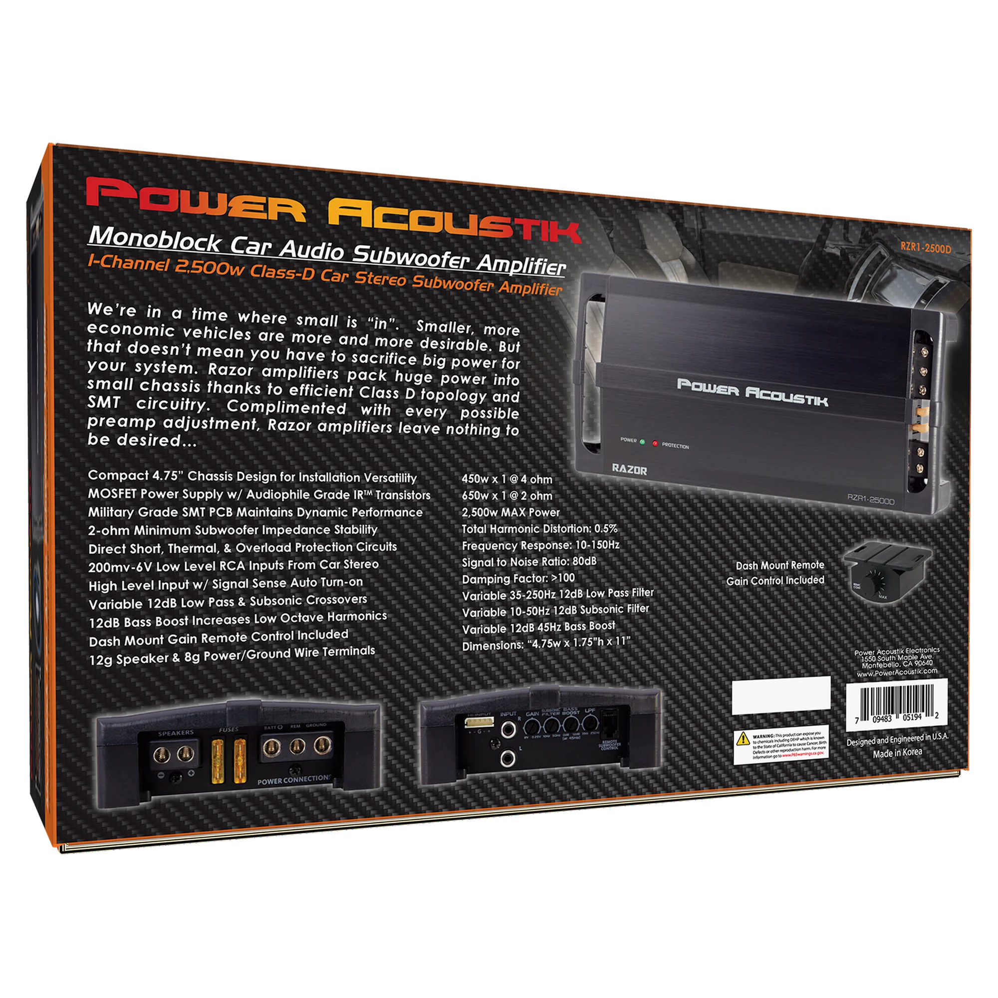 RZR1-2500D | Amplifier, Razor Series Subwoofer 1-Channel Amplifier, 2 Ohm Stable 2,500 Watt Max