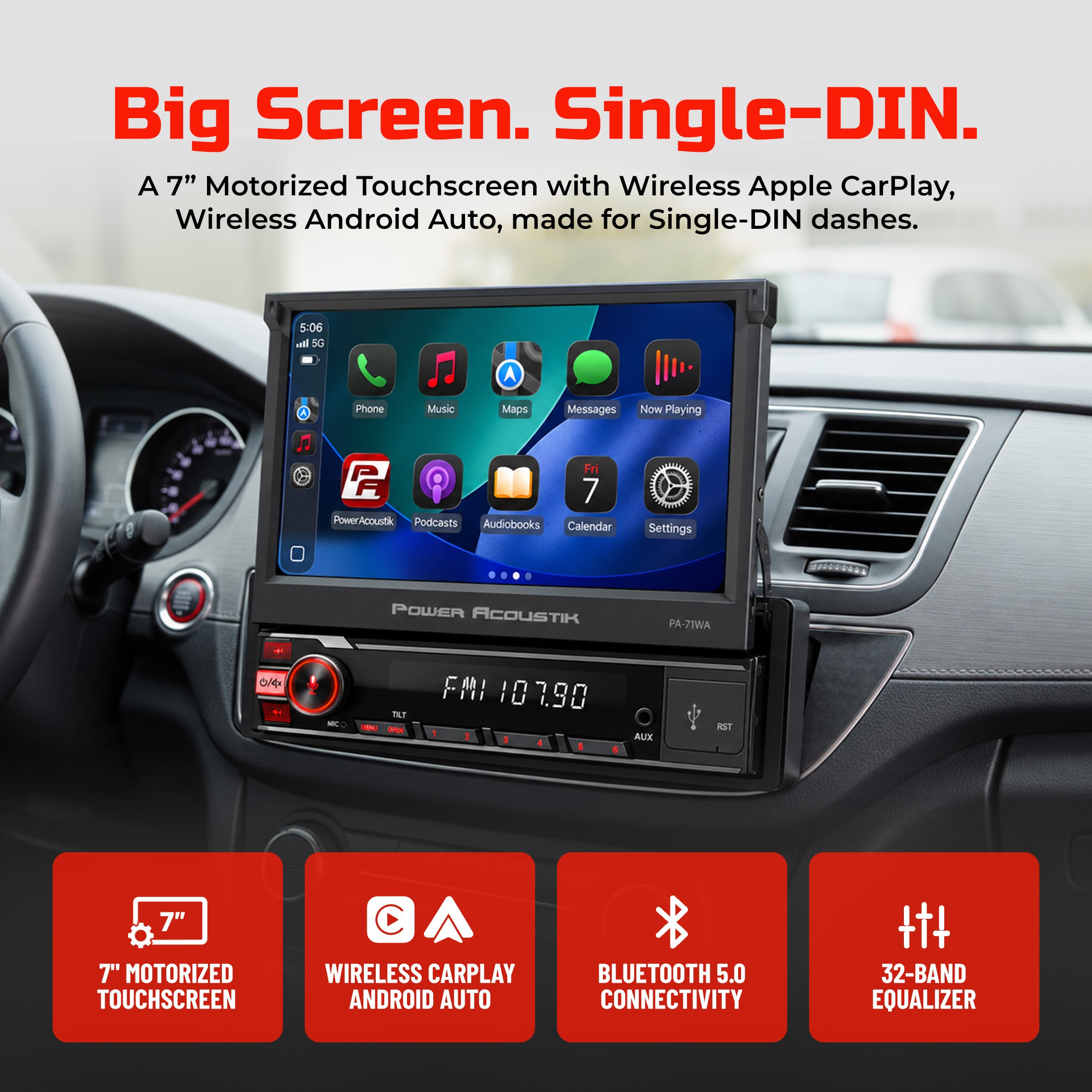 Power Acoustik PA-71WA Single DIN Car Stereo w/ 7" Motorized Touchscreen, Wireless Apple CarPlay and Android Auto, Bluetooth