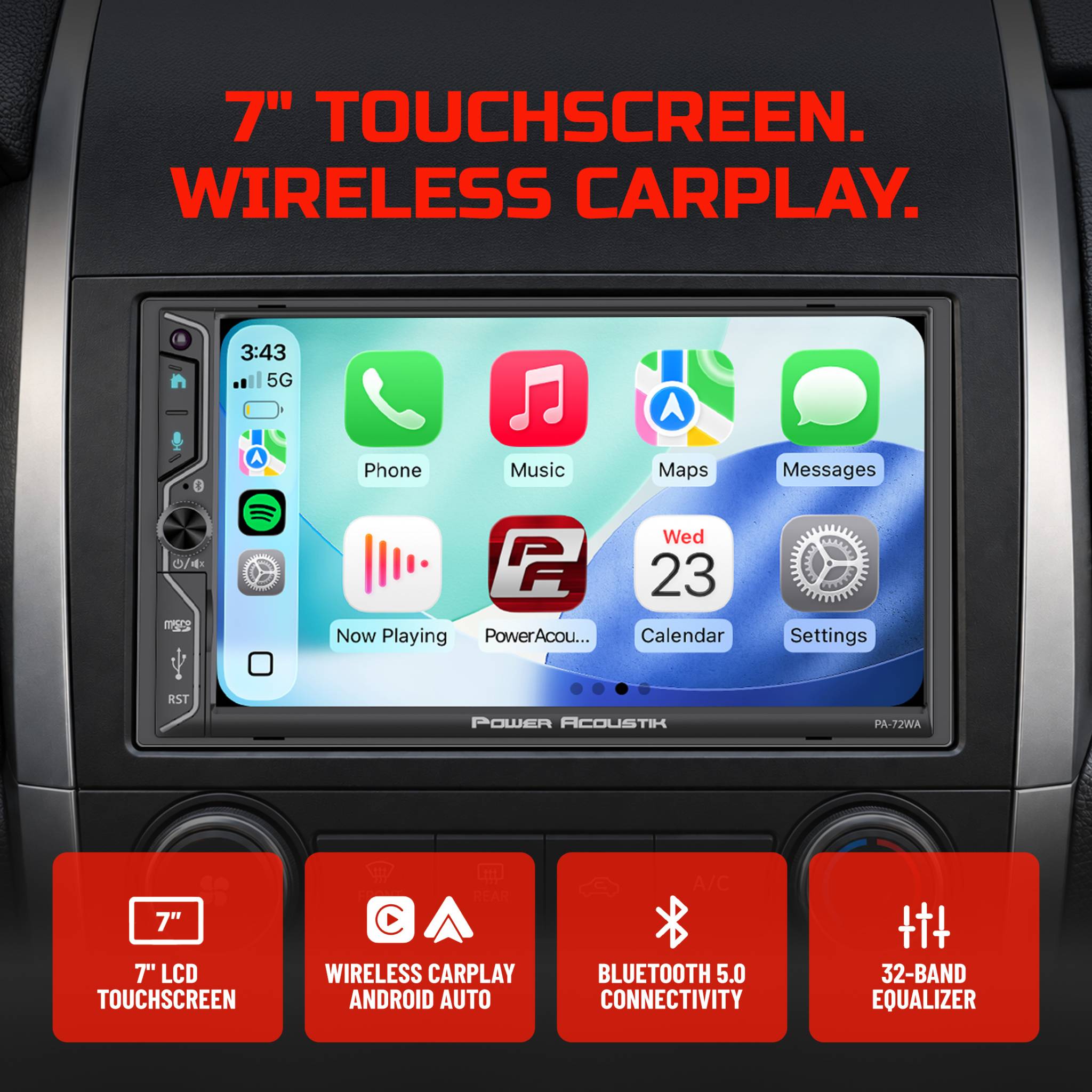 Power Acoustik PA-72WA 2-DIN Car Stereo Head Unit – 7” Touchscreen, Wireless Apple CarPlay & Android Auto, Bluetooth, USB, DSP Audio, Backup Camera Support Power Acoustik