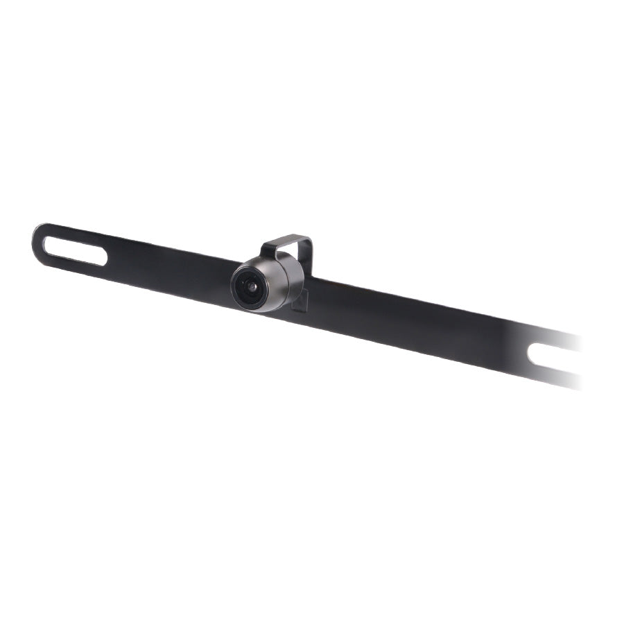 Power Acoustik BUC-2 license-plate mount backup camera with adjustable bracket for safer vehicle reversing.