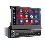 Power Acoustik HD-14KIT 7-inch Harley-Davidson head unit with Apple CarPlay and Android Auto touchscreen.