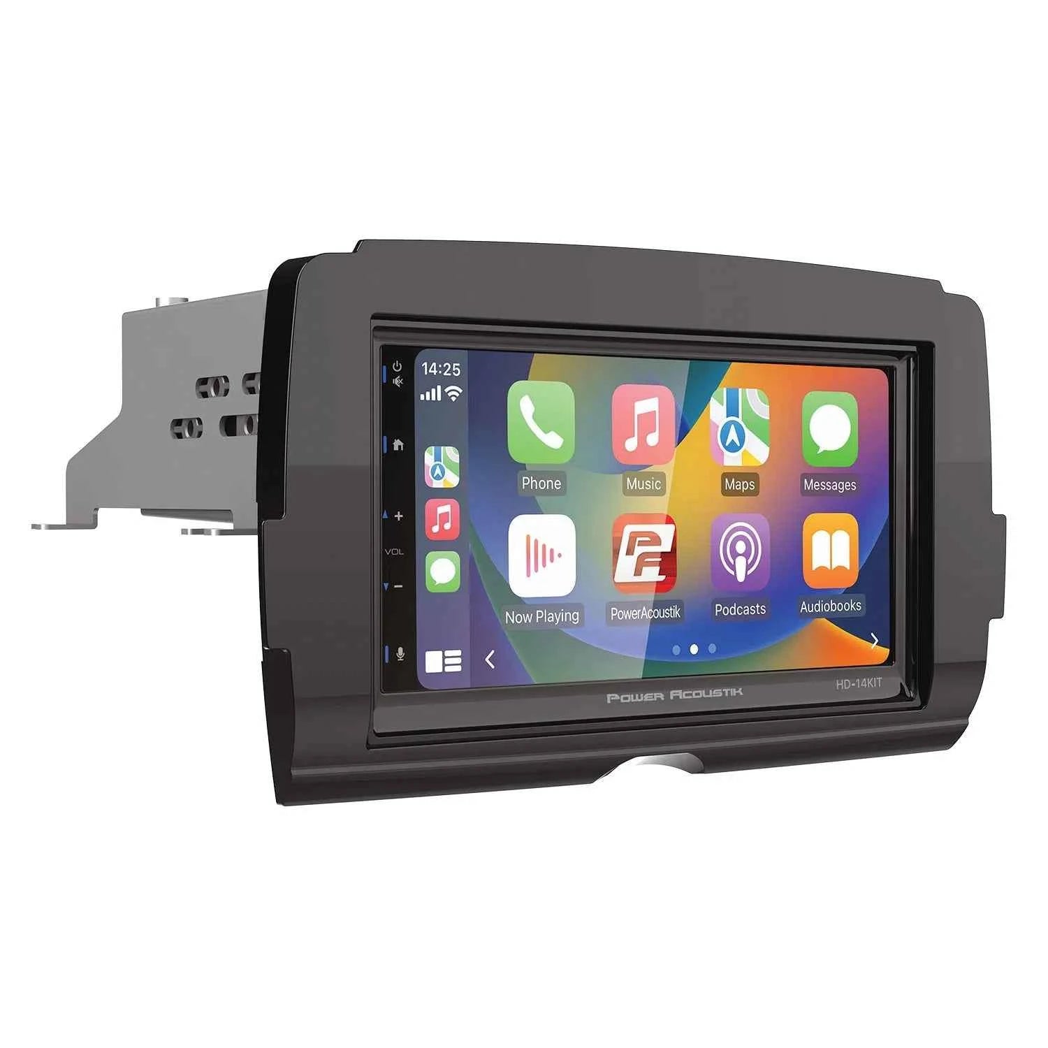 Power Acoustik HD-14KIT 7-inch Harley-Davidson head unit with Apple CarPlay and Android Auto touchscreen.