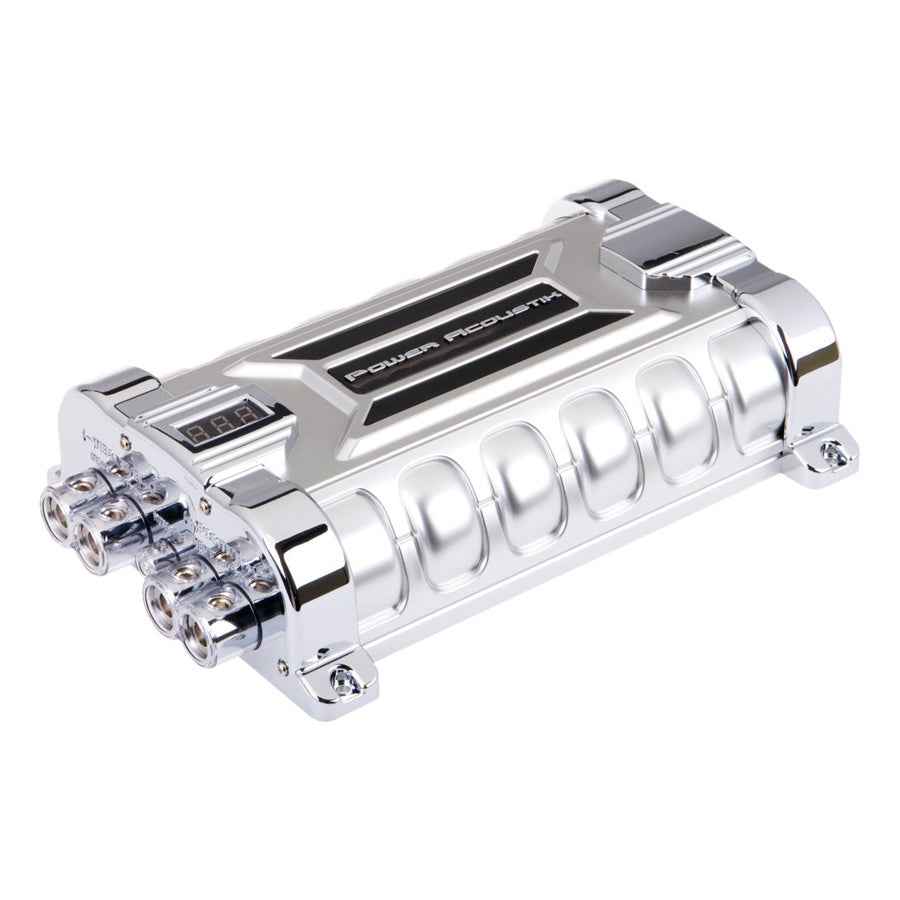 Power Acoustik PCX-30F 30-farad hybrid car audio capacitor with digital voltage meter and chrome accents.