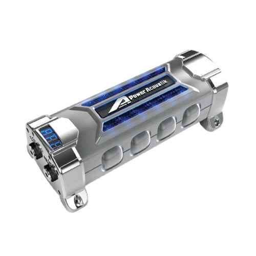 Power Acoustik PCX-5F 5-farad digital car audio capacitor with voltage display and chrome mounting brackets.