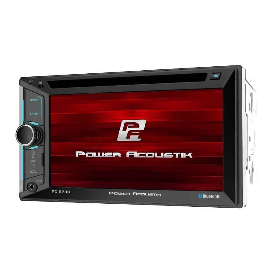 Power Acoustik PD-623B double-DIN car stereo with 6.2-inch touchscreen, Bluetooth and DVD multimedia playback.